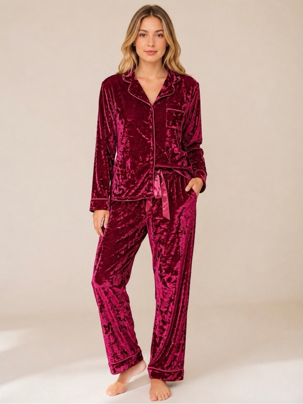 LORD & TAYLOR 2XL Burgundy Solid Velvet Button-Up Collared Pajama Set